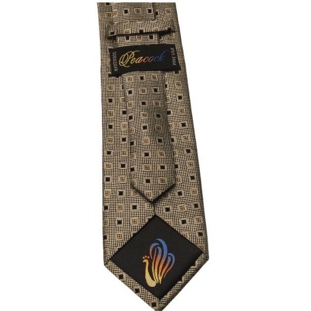 Peacock Mens Handmade Silk Neck tie Tan Black Brown Geometric Square Houndstooth
